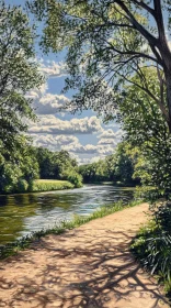 Peaceful Riverbank Stroll Under the Trees