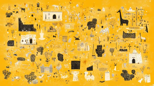 Illustrative Yellow Scene with Animals and Buildings