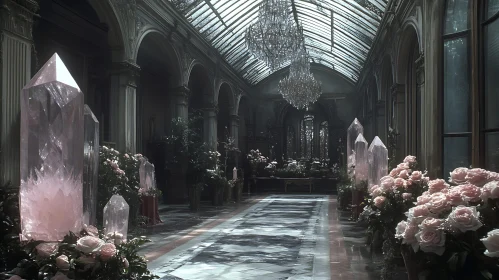 Opulent Greenhouse Hall with Crystals and Roses