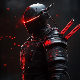 Red-Accented Cyborg Warrior with Swords