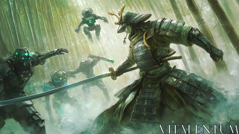 AI ART Futuristic Battle: Samurai and Robots