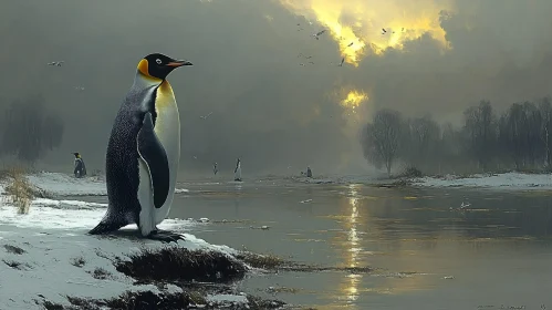 Golden Sunset with Penguin