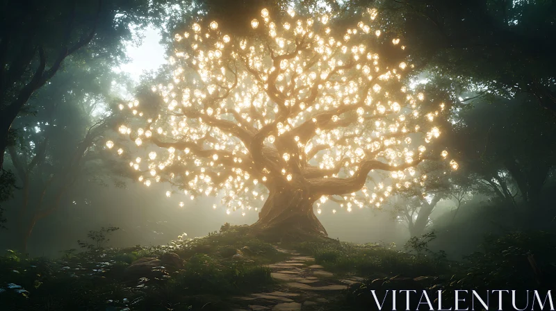 AI ART Mystical Forest Tree with Glowing Lights