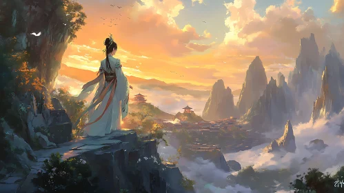 Sunrise Over Mountains with Woman