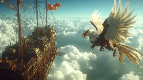 Majestic Griffon Flying Beside Sky Ship