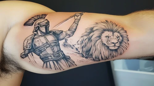 Tattoo of Lion and Warrior