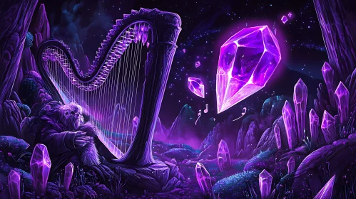 Mystical Musician in a Purple Crystal World