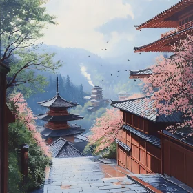 Serene Pagoda View with Blooming Trees