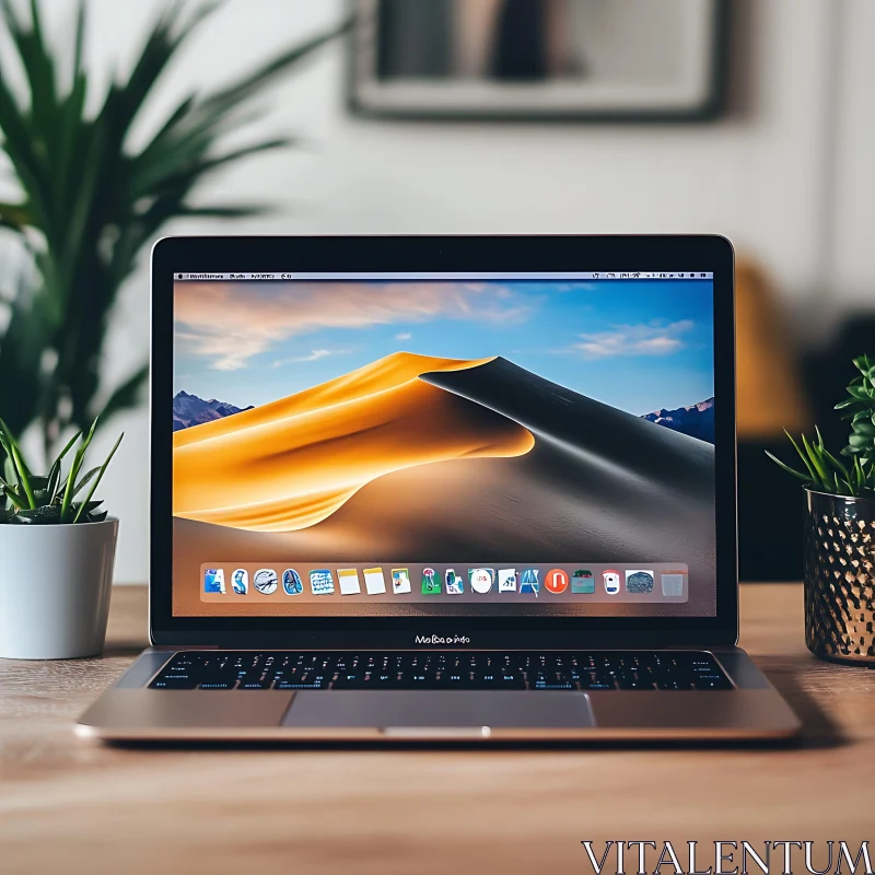 Sleek Laptop on Wooden Desk with Potted Plants AI Image