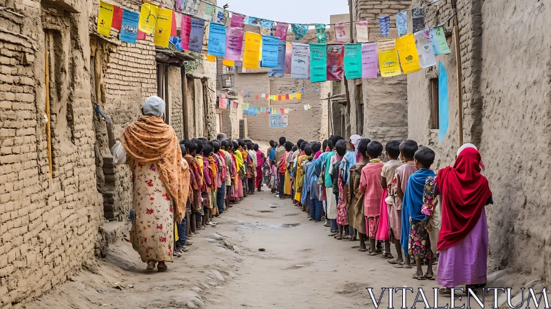 Children Line Up Village Street AI Image