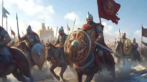 Armored Warriors on Horses Approaching Castle