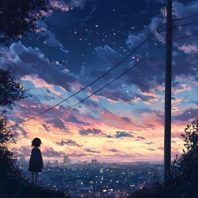 Anime Girl Watching Sunset Over City