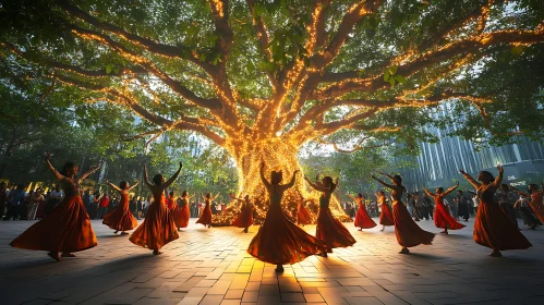 Festive Dance Under Glowing Tree