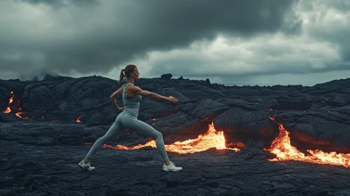 Woman Practicing Yoga on Volcanic Landscape