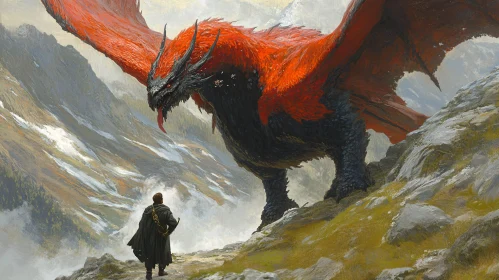 Man Confronts Dragon in Mountainous Landscape