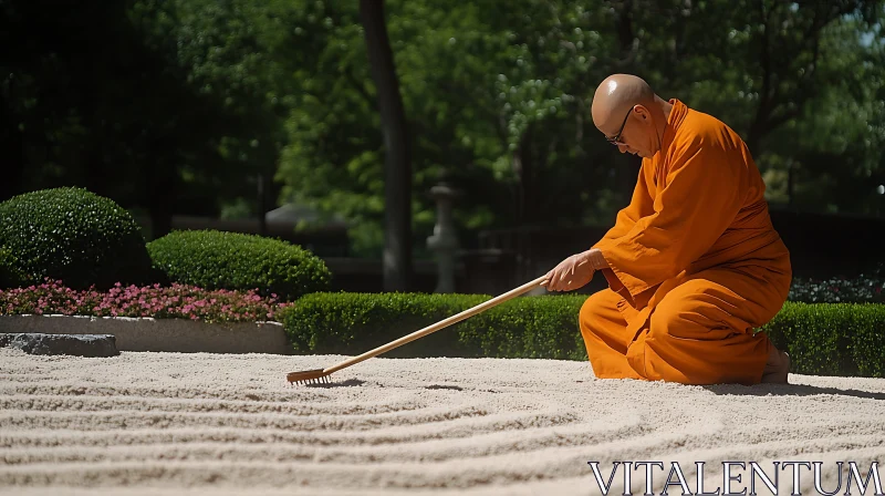 Zen Garden Meditation with Raking Monk AI Image