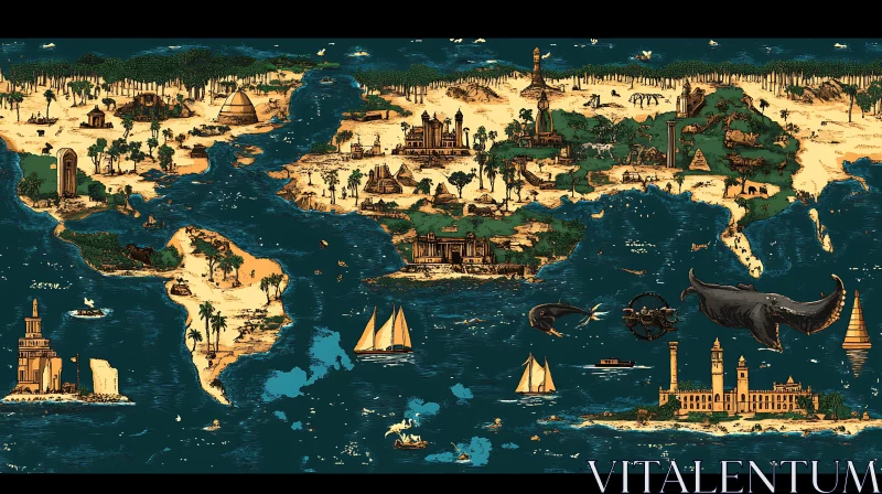 Architectural World Map with Sea Elements AI Image