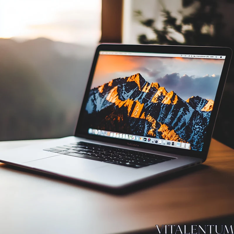 Modern Laptop with Vivid Mountain Screen AI Image