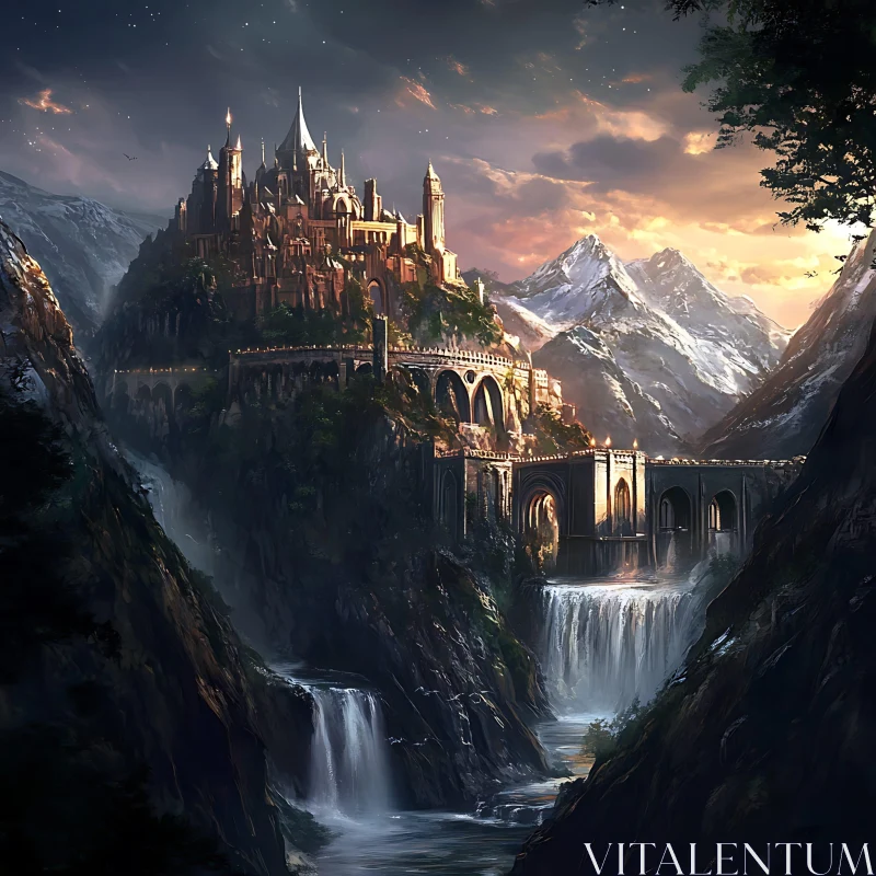 Fantasy Castle in Mountain Landscape AI Image