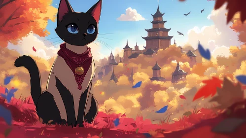 Anime-Inspired Cat and Temple Landscape