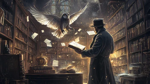 Mystical Library Scene with Owl and Reader