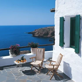 Seaside Terrace with Chairs and Flowers