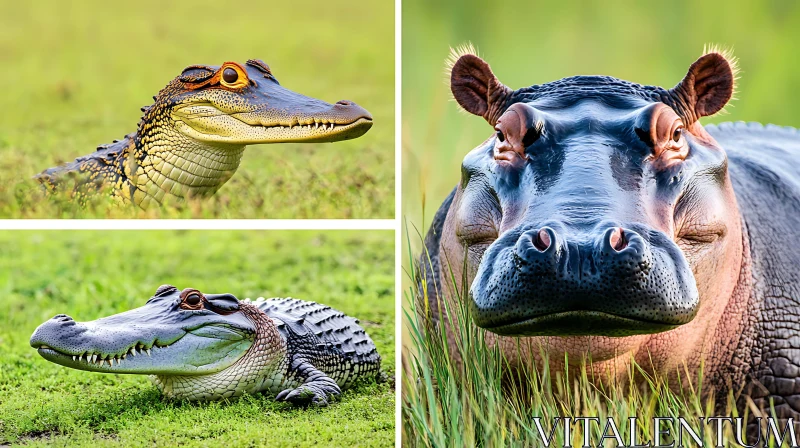 Wildlife Close-Ups: Alligators and Hippo AI Image