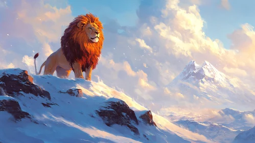 Lion Overlooking Snowy Wilderness