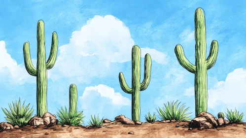 Desert Landscape with Tall Cacti