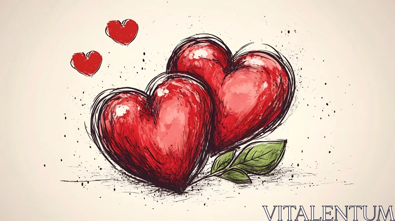 Whimsical Hearts Sketch with Leaf Accent AI Image