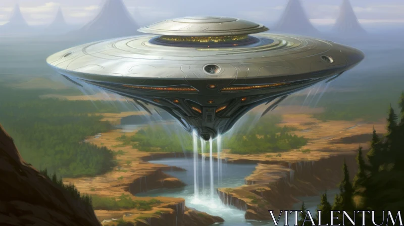Captivating Artwork of an Alien Ship Gliding Over a Serene River AI Image