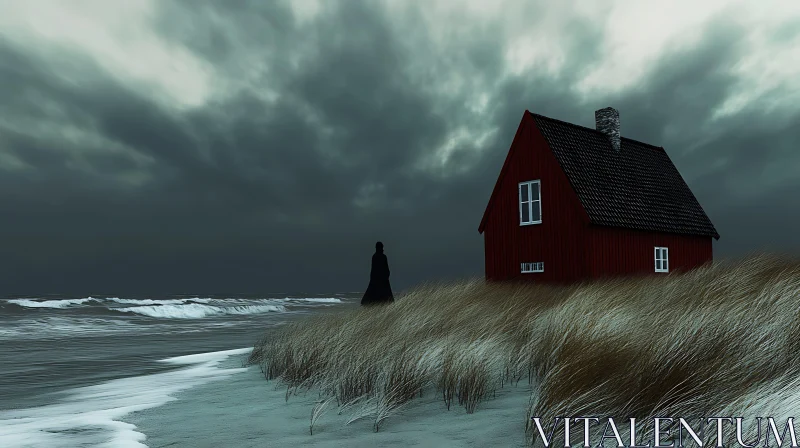 AI ART Coastal House and Figure by the Sea