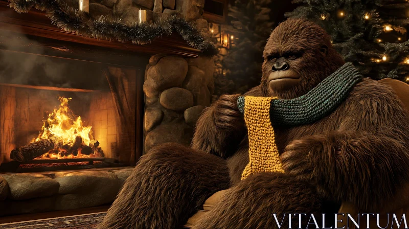 Sasquatch by the Fireplace AI Image