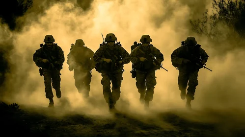 Military Men in Smoky Battlefield