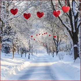Snowy Path with Hanging Red Hearts