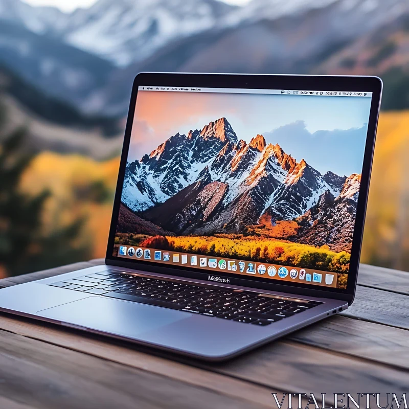 Autumn Mountain Scene on Laptop in Outdoor Setting AI Image