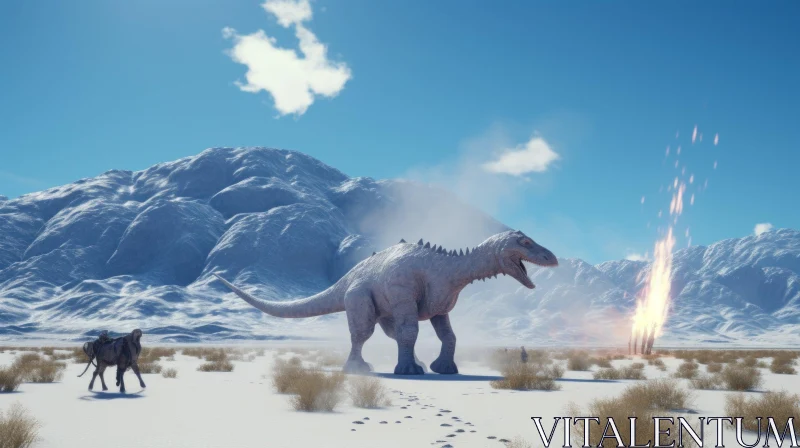 Dinosaurs in the Snow with Volcanoes - Unreal Engine Render AI Image