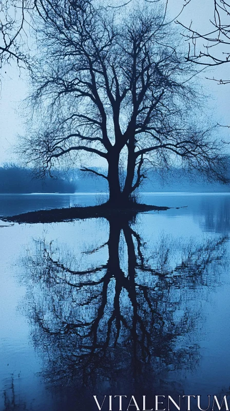 Mystical Silhouette of Tree with Perfect Lake Reflection AI Image