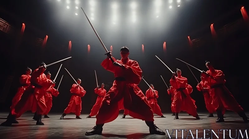 AI ART Red Warriors Swordplay Under Stage Lights