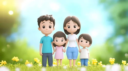 Delightful Cartoon Family in a Sunny Meadow