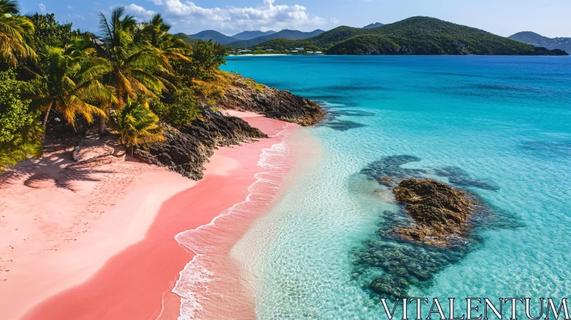 Scenic Tropical Beach with Pink Sand and Crystal Clear Waters AI Image