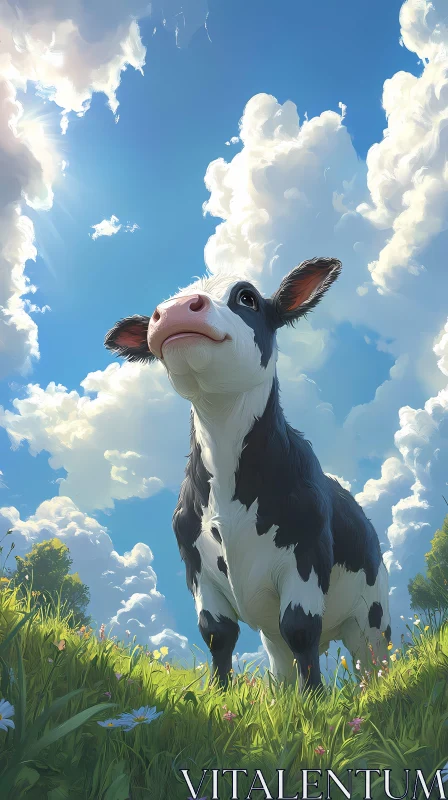 AI ART Cow in Tranquil Pasture with Blue Sky