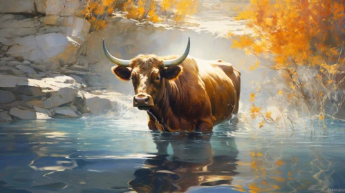 Golden Bull in Water - A Romanticized Depiction of Country Life