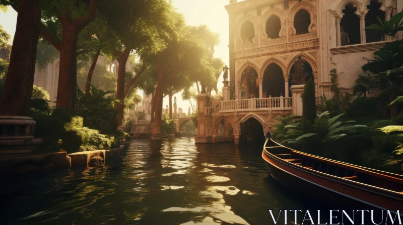 Mediterranean-inspired Gondola Ride - Sunlit Architecture and Foliage AI Image