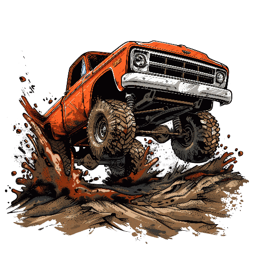 Orange Retro Pickup Truck Action on Transparent Background