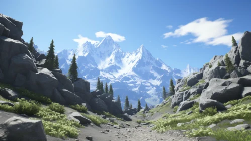 Snowy Mountain Path Framed by Pine Trees in Unreal Engine Style