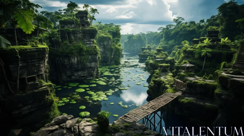 Tropical Rainforest Landscape with Ancient Ruins and Bridge AI Image