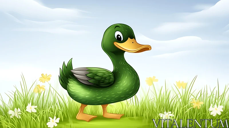 Cartoon Duck in Grassy Field AI Image