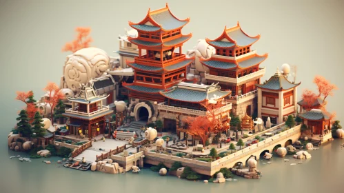 Detailed Miniature Asian Architecture Scene