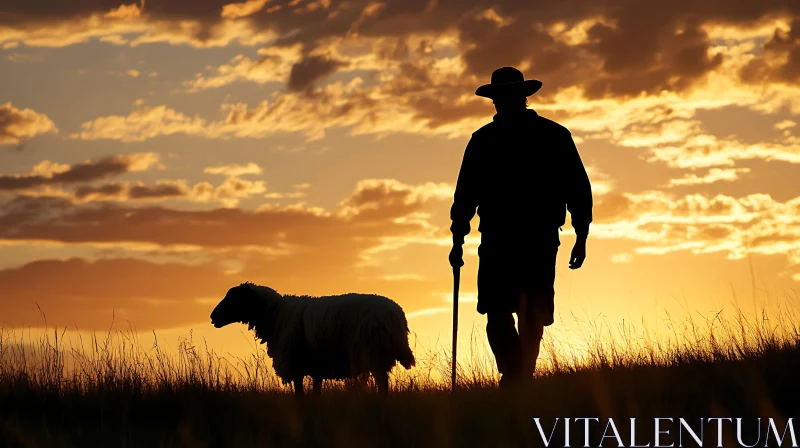 Pastoral Sunset with Shepherd and Sheep